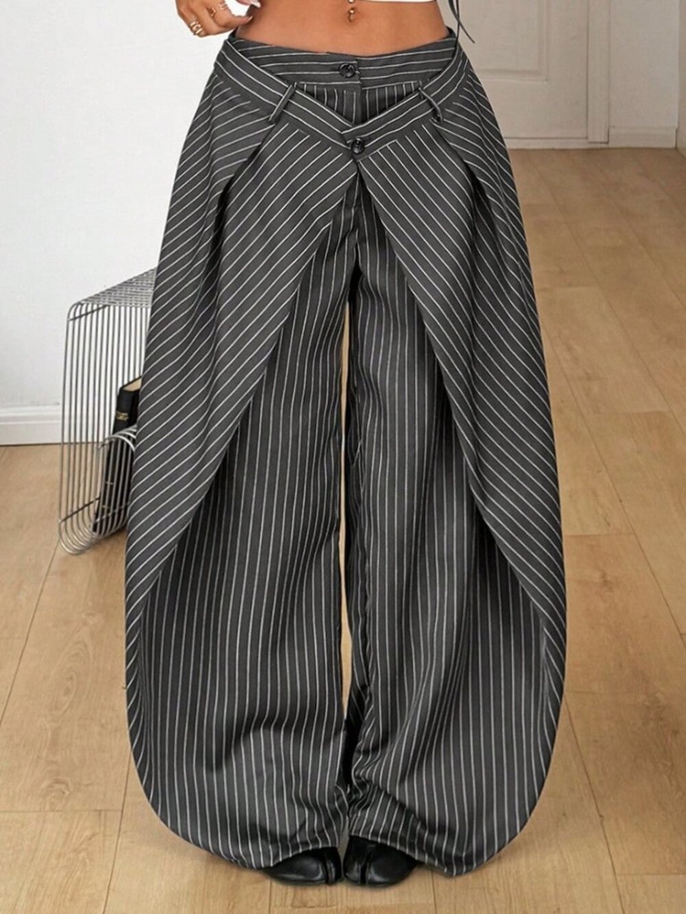 Grey Casual Women's Striped Baggy Wide Leg Curved Hem Office Pants - Picture 3 of 7